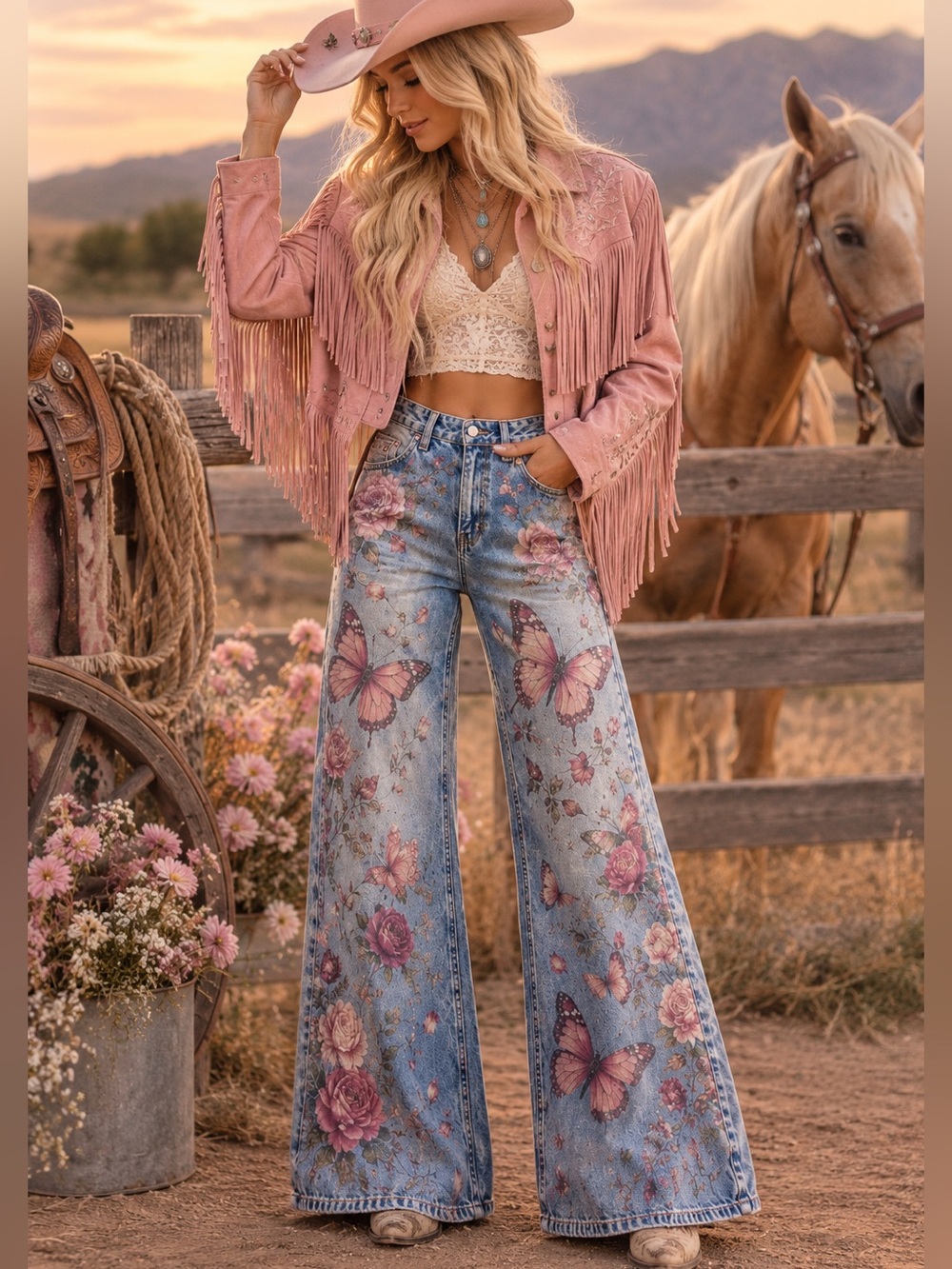 Floral Butterfly patchwork style graphic print Wide-Leg Jeans - Pink Accents